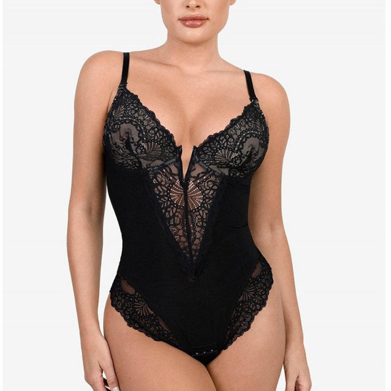 plunging neckline lace edge brief bodysuit camisole rosylemons
