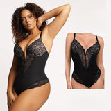 plunging neckline lace edge brief bodysuit camisole black rosylemons