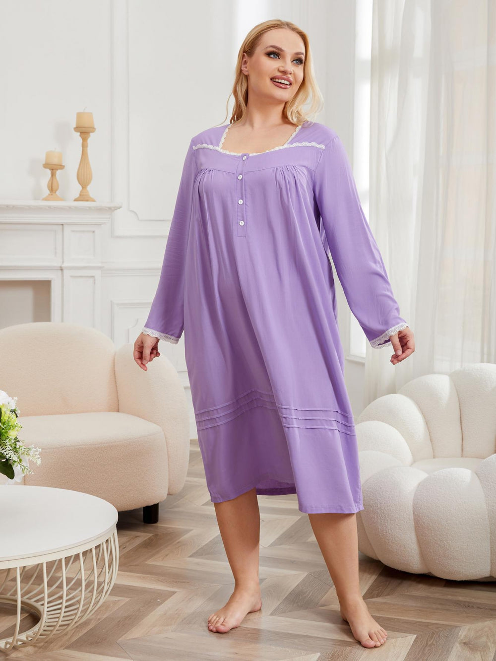 RosyLemon Women's Thin Long Sleeve Nightdress with Plus Size RosyLemon Women's Thin Long Sleeve Nightdress with Plus Size