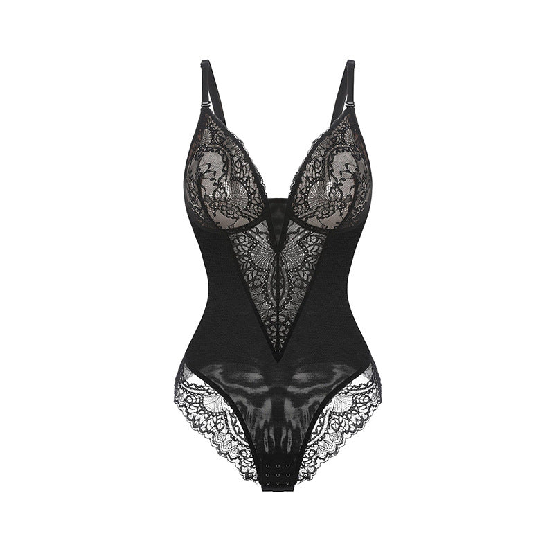 plunging neckline lace edge brief bodysuit camisole rosylemons