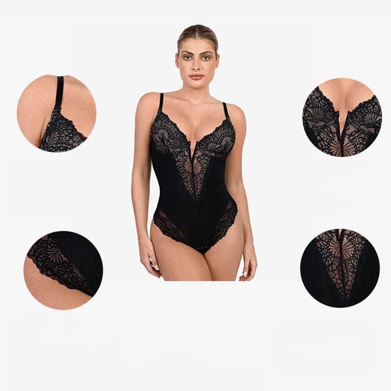 plunging neckline lace edge brief bodysuit camisole rosylemons