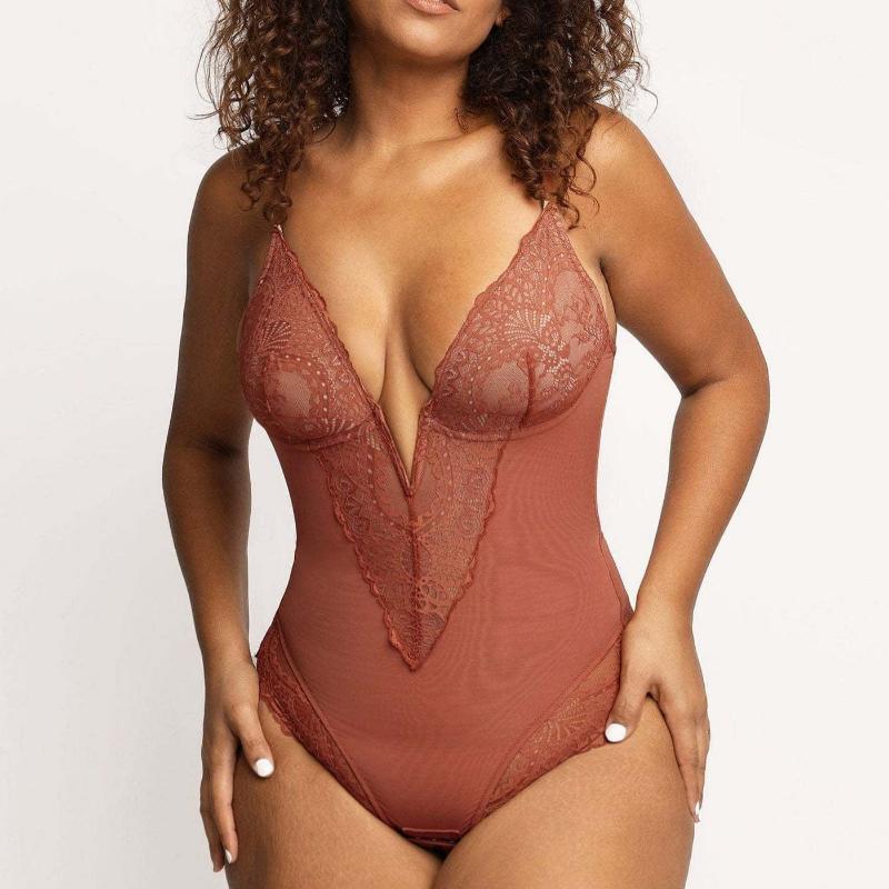 plunging neckline lace edge brief bodysuit camisole orange rosylemons