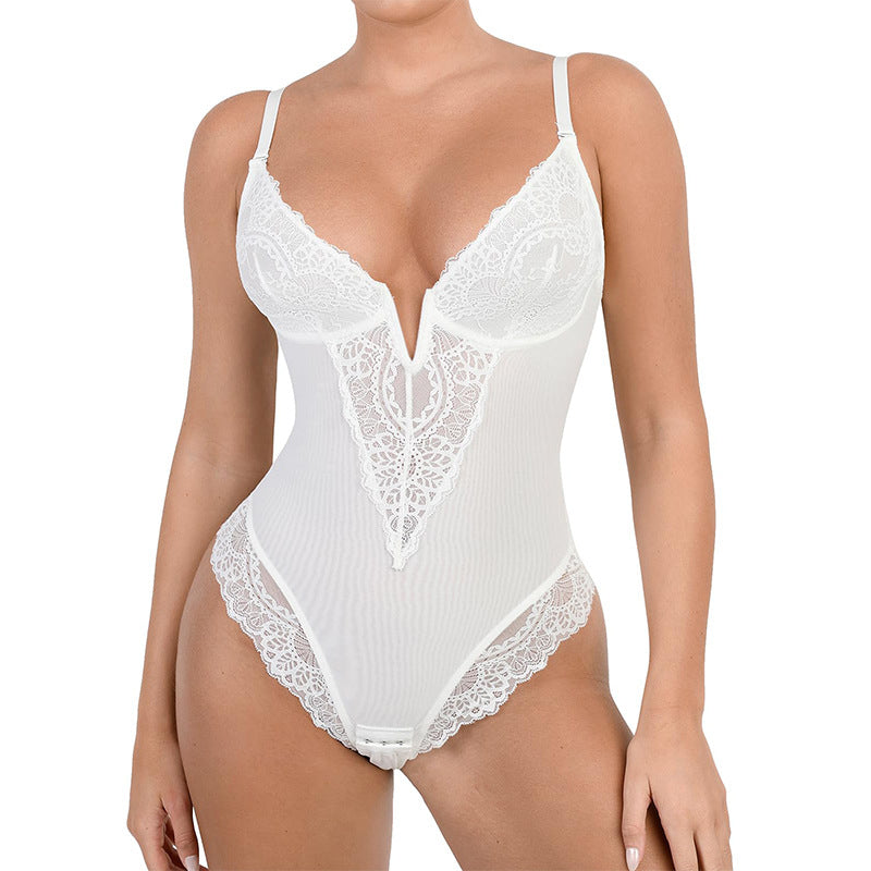 plunging neckline lace edge brief bodysuit camisole rosylemons